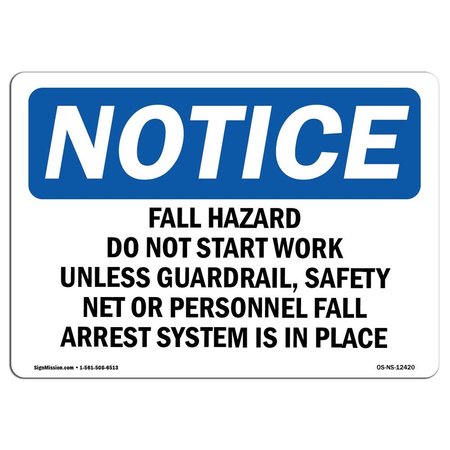 SIGNMISSION OSHA Sign, Fall Hazard Do Not Start Work Unless Guardrail, 5in X 3.5in, 5" W, 3.5" H, Landscape OS-NS-D-35-L-12420